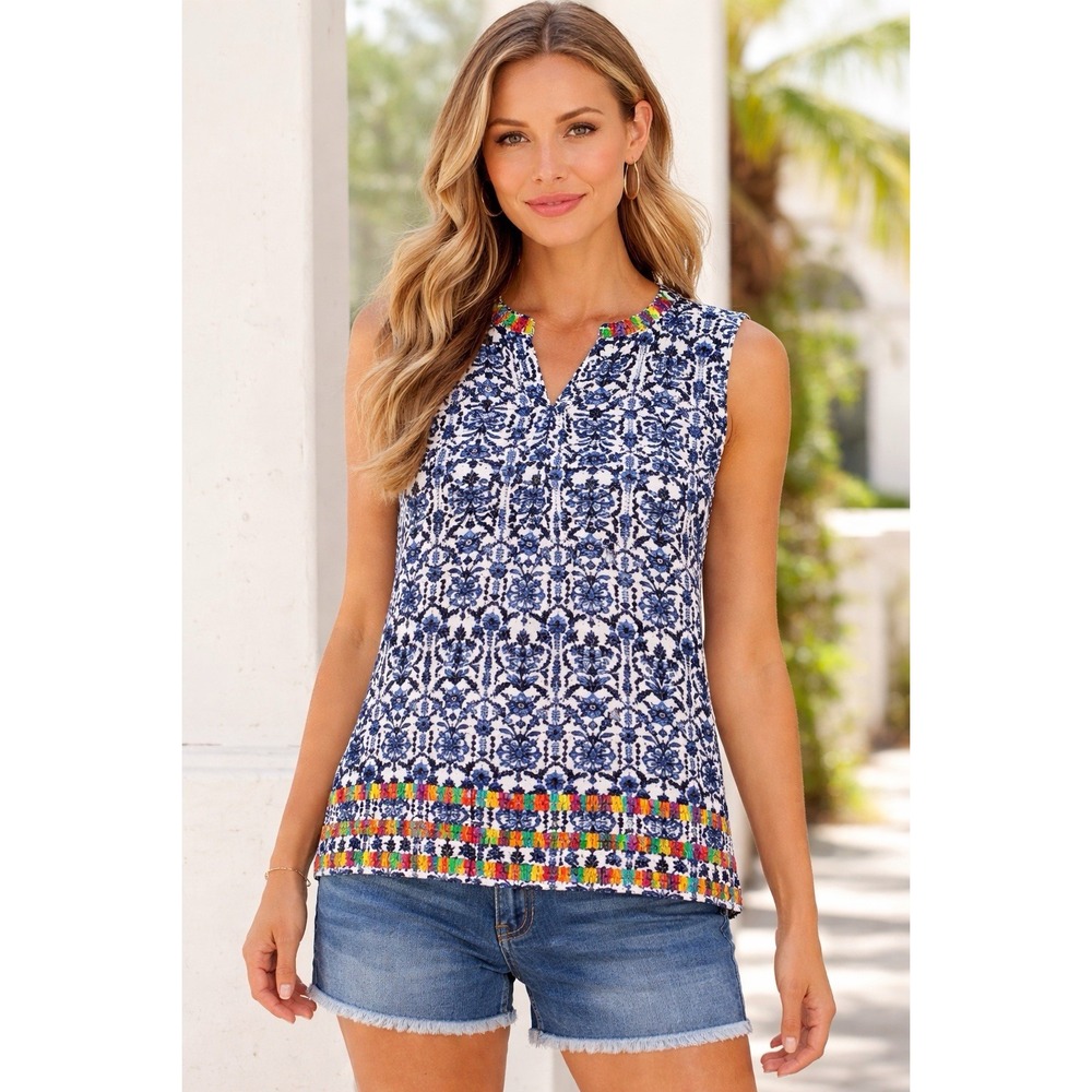 THML Top Women's Small Blue Floral Embroidered Boho Ruffle Rayon Colorful
